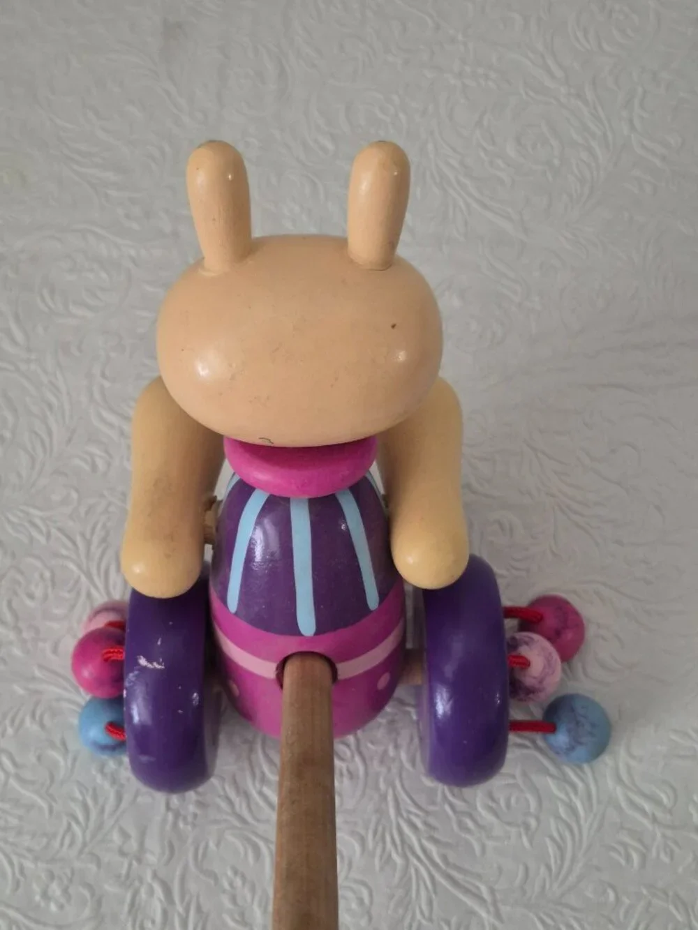 Wooden Rabbit Easter Bunny Kids Toddler Push Pull Clacker Toy Purple Pink